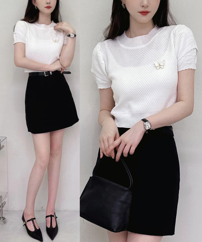ショッピングゴー shoppinggo 夏服 新作 サマーニットトップス 2color＆3type ブローチ Tシャツ レディース きれいめ ショート丈トップス ニットソー 半袖tシャツ 可愛い 秋