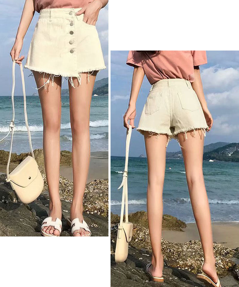 ショッピングゴー shoppinggo キュロット デニムショートパンツレディース ダメージ ホットパンツ ハーフパンツ フリンジ 美脚効果
