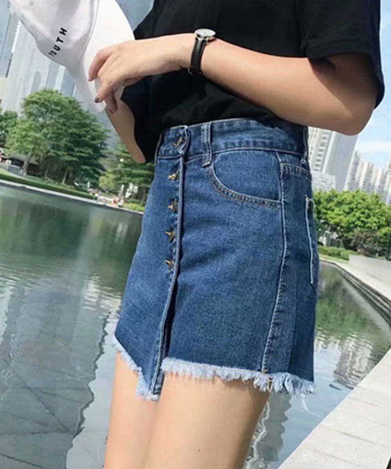 ショッピングゴー shoppinggo キュロット デニムショートパンツレディース ダメージ ホットパンツ ハーフパンツ フリンジ 美脚効果