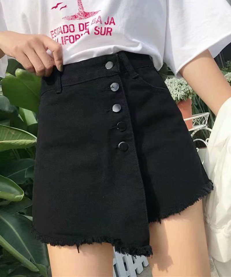 ショッピングゴー shoppinggo キュロット デニムショートパンツレディース ダメージ ホットパンツ ハーフパンツ フリンジ 美脚効果,ブラック