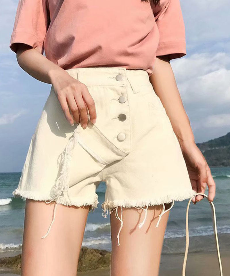 ショッピングゴー shoppinggo キュロット デニムショートパンツレディース ダメージ ホットパンツ ハーフパンツ フリンジ 美脚効果,ベージュ