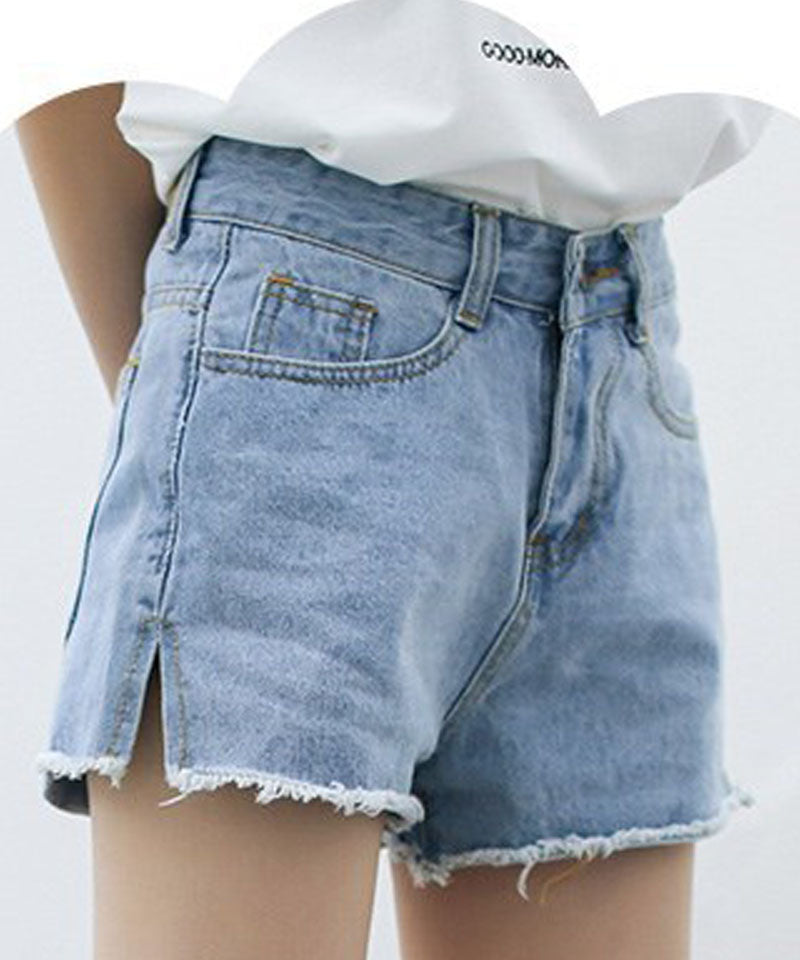 ショッピングゴー shoppinggo ショートパンツ デニム ハイウエスト レディース ショーパン スリット入り 美脚ボトムス お洒落 裾フリンジ カジュアル 着痩せ