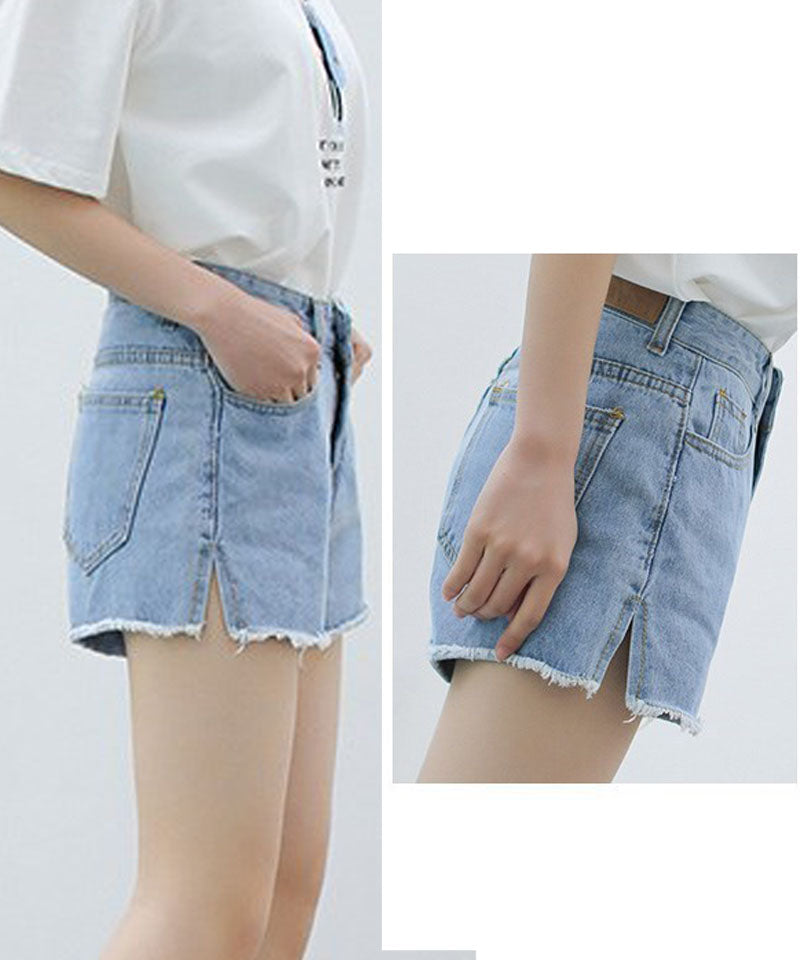 ショッピングゴー shoppinggo ショートパンツ デニム ハイウエスト レディース ショーパン スリット入り 美脚ボトムス お洒落 裾フリンジ カジュアル 着痩せ