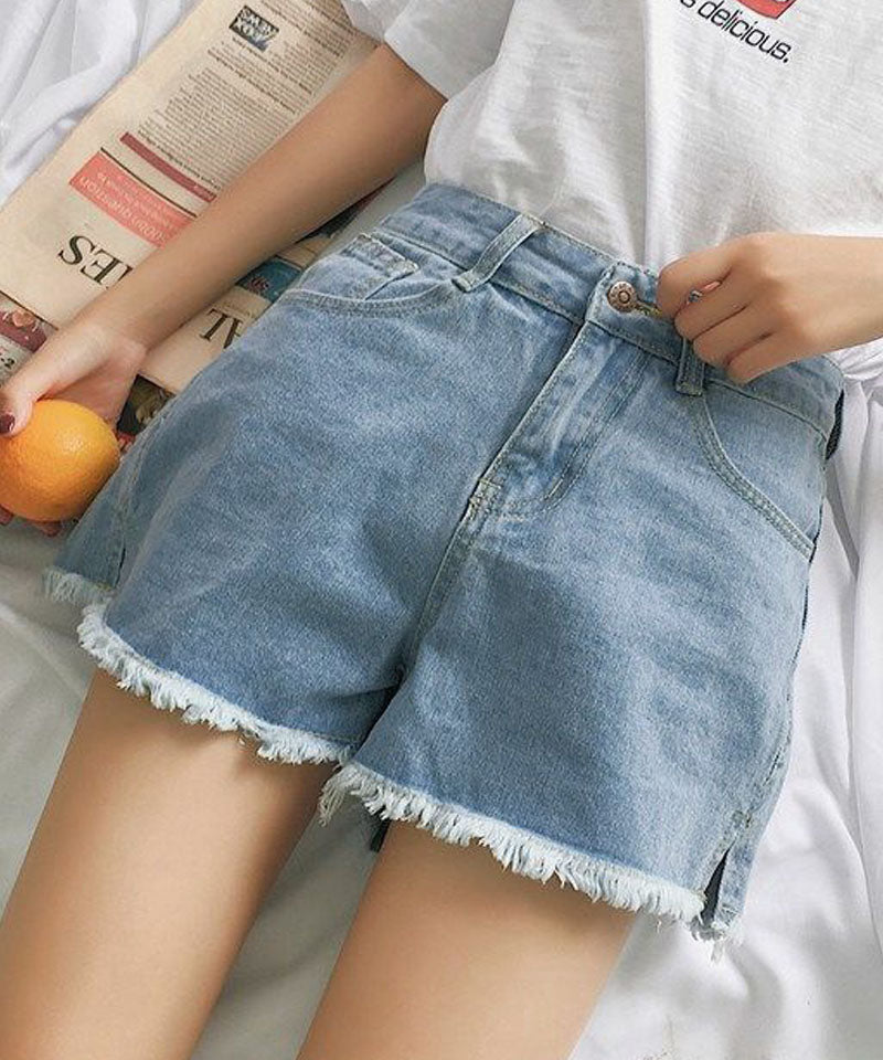 ショッピングゴー shoppinggo ショートパンツ デニム ハイウエスト レディース ショーパン スリット入り 美脚ボトムス お洒落 裾フリンジ カジュアル 着痩せ