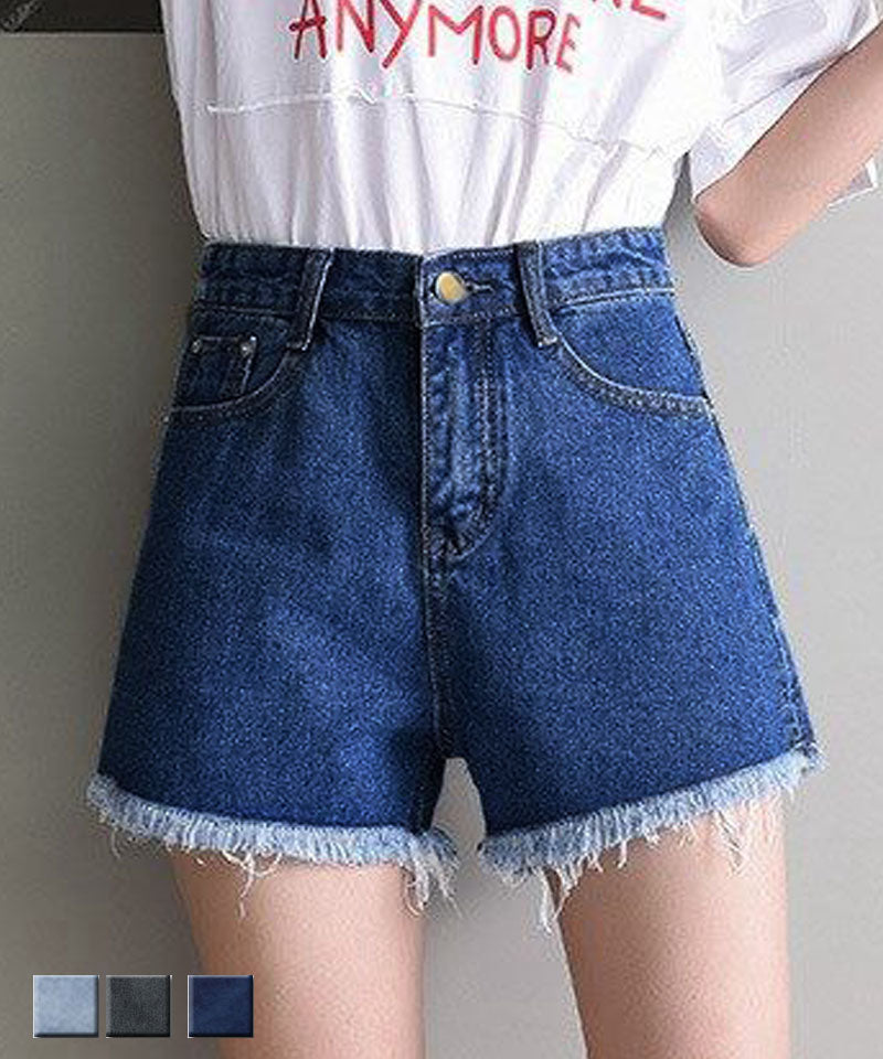ショッピングゴー shoppinggo ショートパンツ デニム ハイウエスト レディース ショーパン スリット入り 美脚ボトムス お洒落 裾フリンジ カジュアル 着痩せ,ブルー