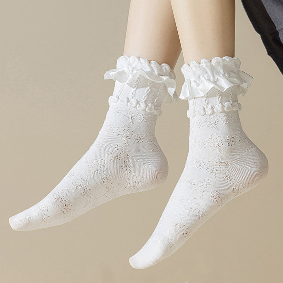 ショッピングゴー shoppinggo 靴下 花柄 フリル付き レースソックス ショートソックス 履き口レース 薄手 美脚 履きやすい 足元 あったか くつした 秋 冬 ルームソックス フ雑貨,ホワイト