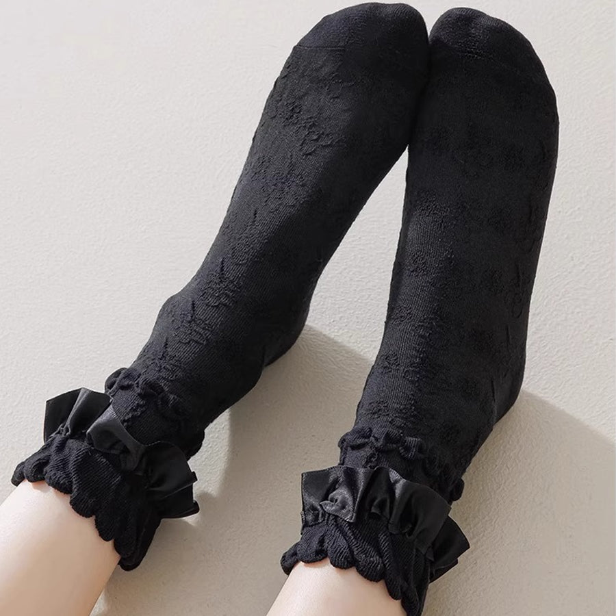 ショッピングゴー shoppinggo 靴下 花柄 フリル付き レースソックス ショートソックス 履き口レース 薄手 美脚 履きやすい 足元 あったか くつした 秋 冬 ルームソックス フ雑貨,ブラック