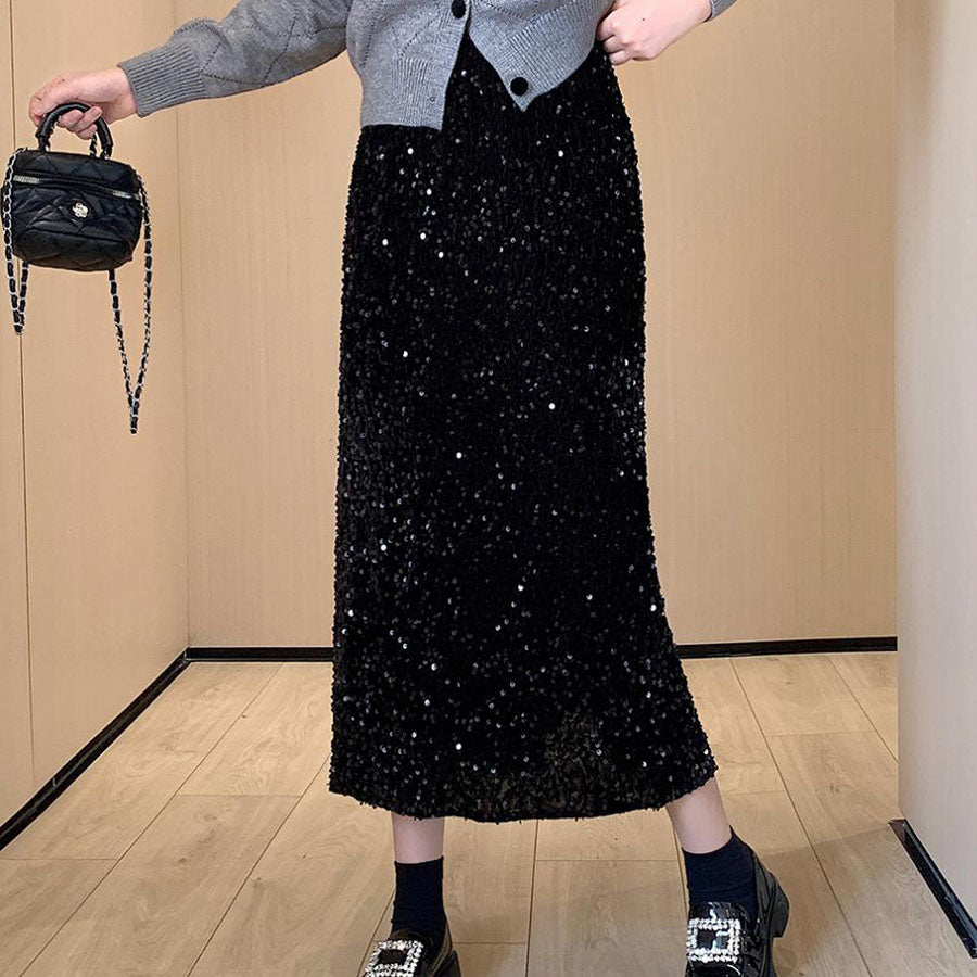 ショッピングゴー shoppinggo スパンコールスカート スリット ミディー丈 タイトスカート ボトムス ミモレ丈 シャイニー ナロースカート 光沢 裏地つき マーメイドライン,ブラック