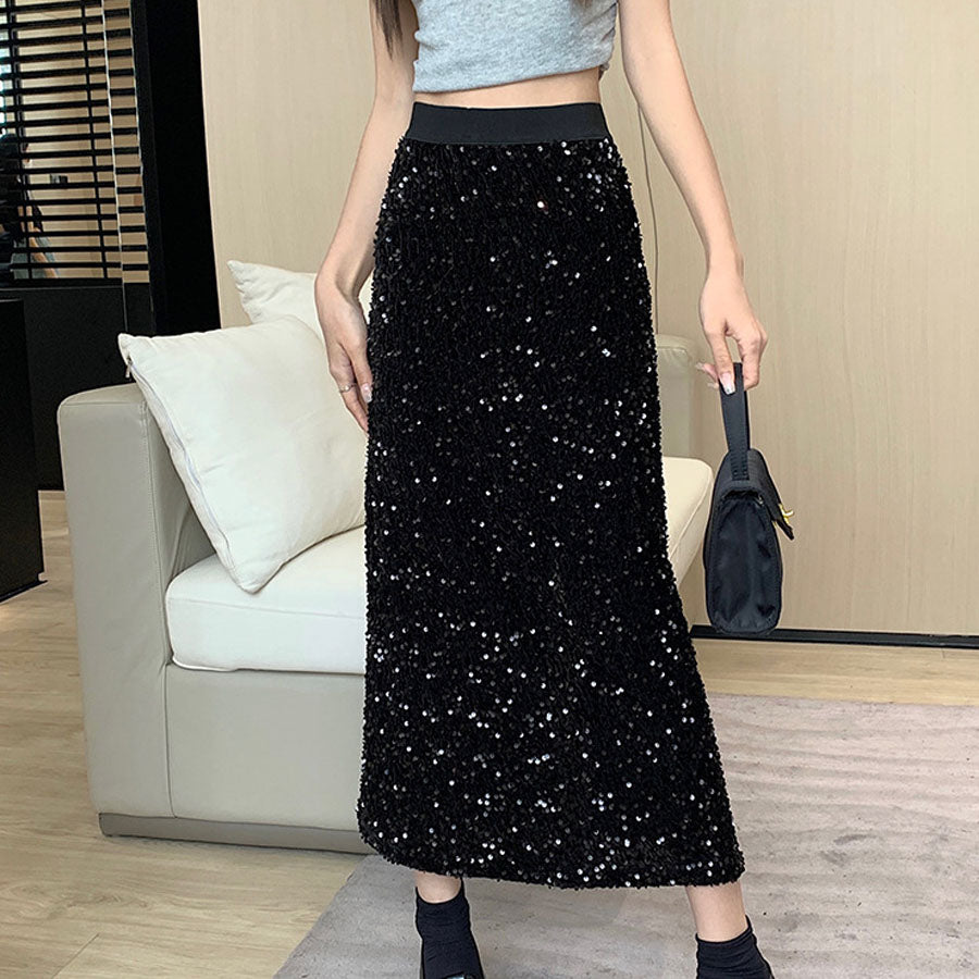 ショッピングゴー shoppinggo スパンコールスカート スリット ミディー丈 タイトスカート ボトムス ミモレ丈 シャイニー ナロースカート 光沢 裏地つき マーメイドライン