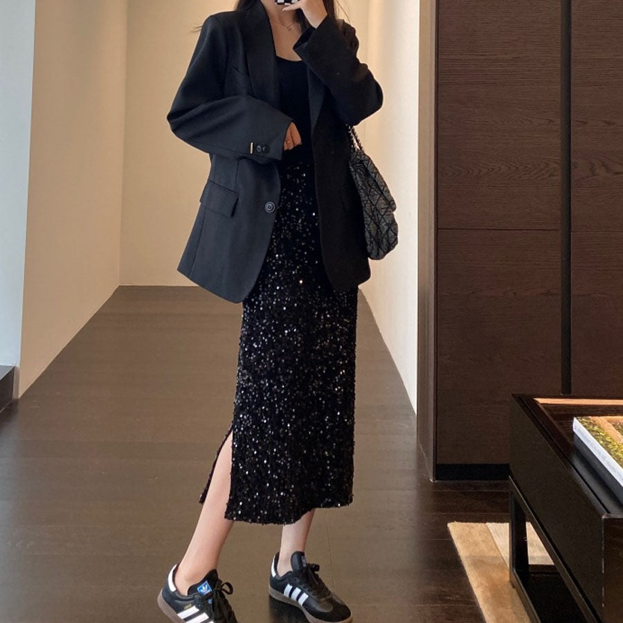 ショッピングゴー shoppinggo スパンコールスカート スリット ミディー丈 タイトスカート ボトムス ミモレ丈 シャイニー ナロースカート 光沢 裏地つき マーメイドライン