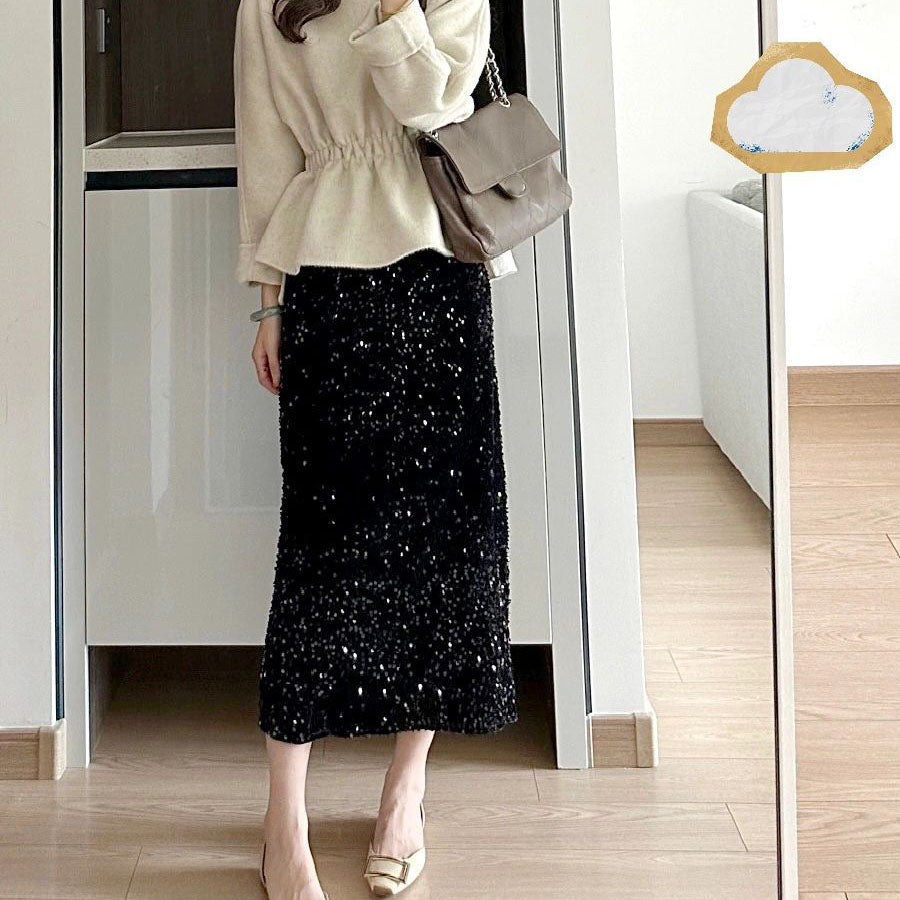ショッピングゴー shoppinggo スパンコールスカート スリット ミディー丈 タイトスカート ボトムス ミモレ丈 シャイニー ナロースカート 光沢 裏地つき マーメイドライン