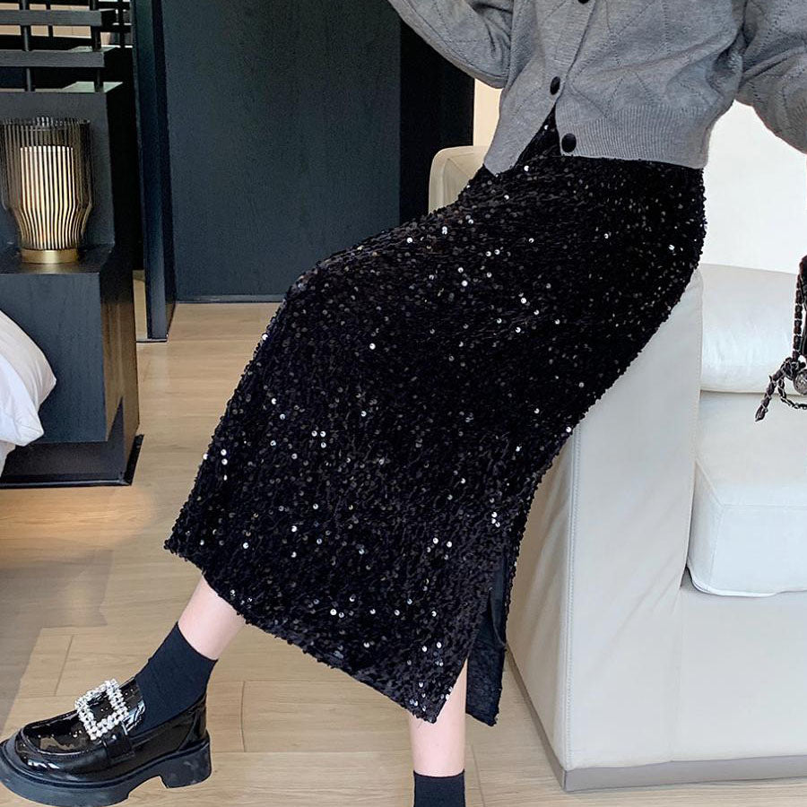 ショッピングゴー shoppinggo スパンコールスカート スリット ミディー丈 タイトスカート ボトムス ミモレ丈 シャイニー ナロースカート 光沢 裏地つき マーメイドライン
