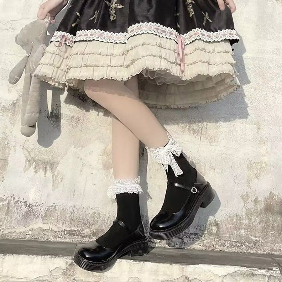 ショッピングゴー shoppinggo ハイソックス クルーソックス フリル＆リボン付き レディース 靴下 くつ下 膝上 ひざ下 伸縮性 くつした ソックス 美脚ハイソックス 冷え対策,ブラック*ショート