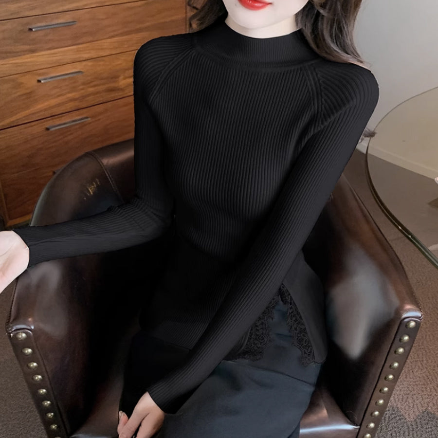 ショッピングゴー shoppinggo ニットセーター レース切り替え レディース 長袖 サイドスリット リブニット チュールネック ハイネック 無地 薄手 オフィス OL 通勤通学 きれいめ