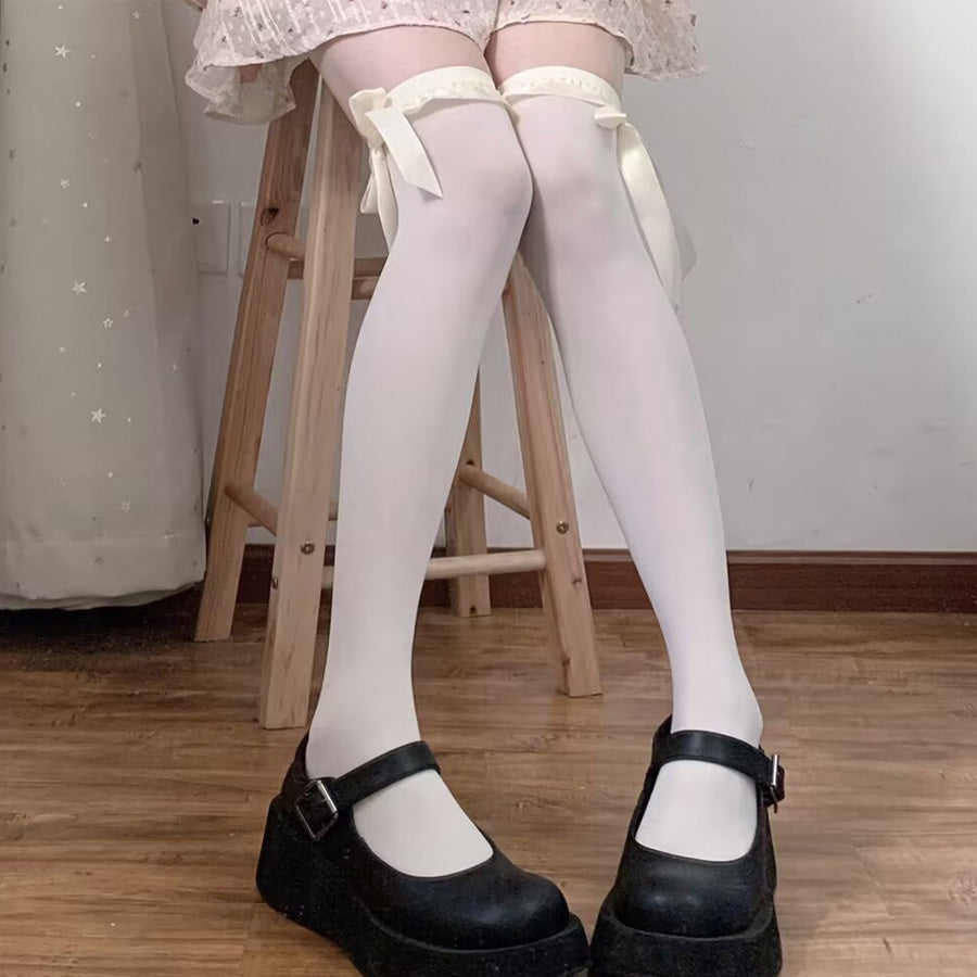 ショッピングゴー shoppinggo ニーハイソックス フリル＆リボン付き レディース 靴下 くつ下 膝上 ひざ下 ニーソ フェイクタイツ 伸縮性 くつした ソックス 美脚ハイソックス