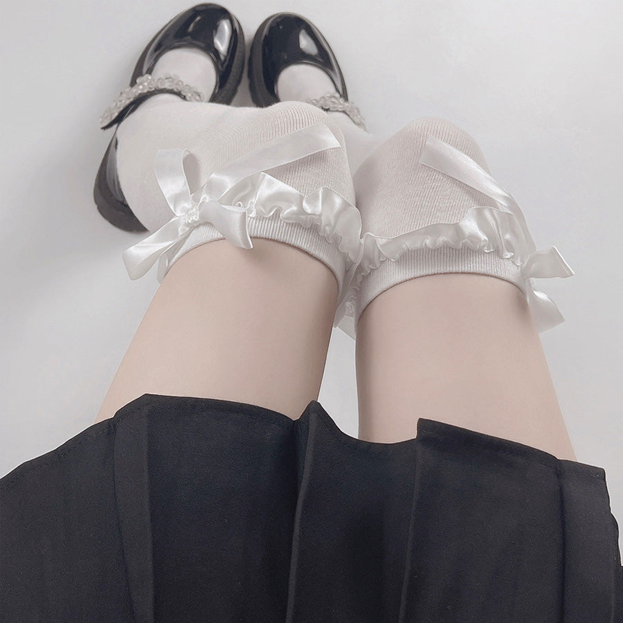 ショッピングゴー shoppinggo ニーハイソックス フリル＆リボン付き レディース 靴下 くつ下 膝上 ひざ下 ニーソ フェイクタイツ 伸縮性 くつした ソックス 美脚ハイソックス