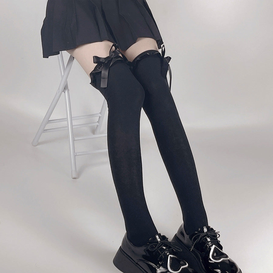 ショッピングゴー shoppinggo ニーハイソックス フリル＆リボン付き レディース 靴下 くつ下 膝上 ひざ下 ニーソ フェイクタイツ 伸縮性 くつした ソックス 美脚ハイソックス