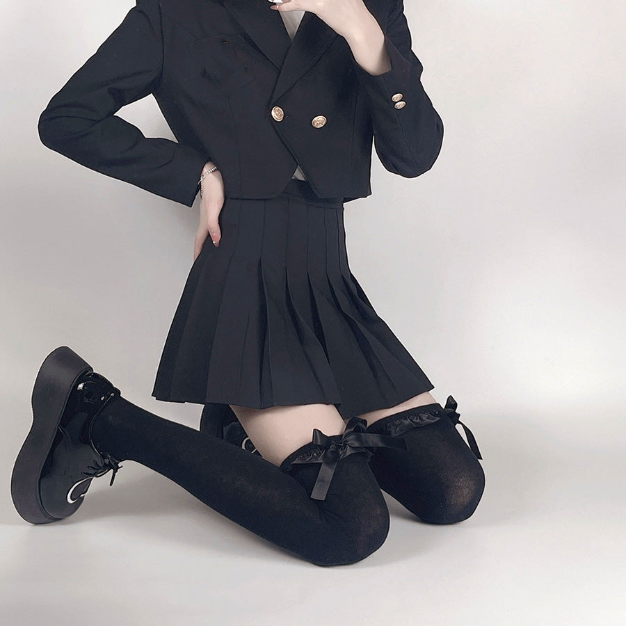 ショッピングゴー shoppinggo ニーハイソックス フリル＆リボン付き レディース 靴下 くつ下 膝上 ひざ下 ニーソ フェイクタイツ 伸縮性 くつした ソックス 美脚ハイソックス