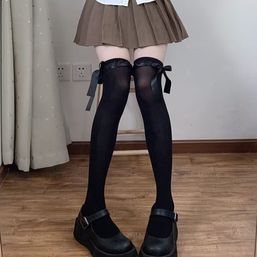 ショッピングゴー shoppinggo ニーハイソックス フリル＆リボン付き レディース 靴下 くつ下 膝上 ひざ下 ニーソ フェイクタイツ 伸縮性 くつした ソックス 美脚ハイソックス