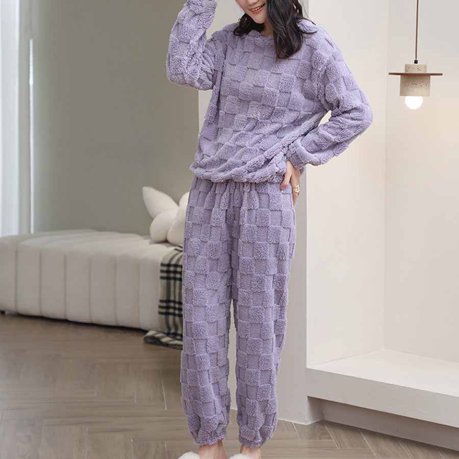 ショッピングゴー shoppinggo 部屋着パジャマ ルームウェアレディース もこもこ ボア ふわもこ セットアップ 寝巻き 長ズボン ロングパンツ ゆったり 韓国風 春秋冬,パープル
