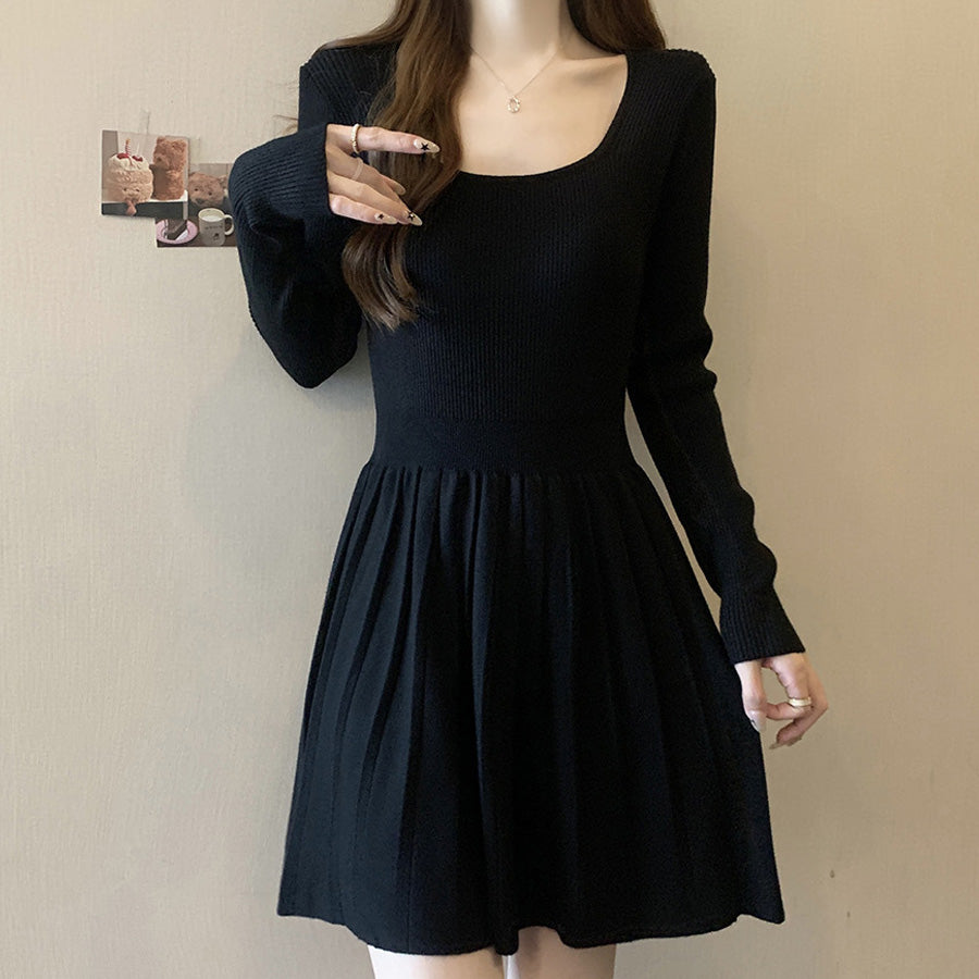 ショッピングゴー shoppinggo ワンピース レディース ニットワンピ ひざ丈 Aライン リブニット インナーワンピース ニットセーター ロングセーター 無地 リブ編み,ブラック