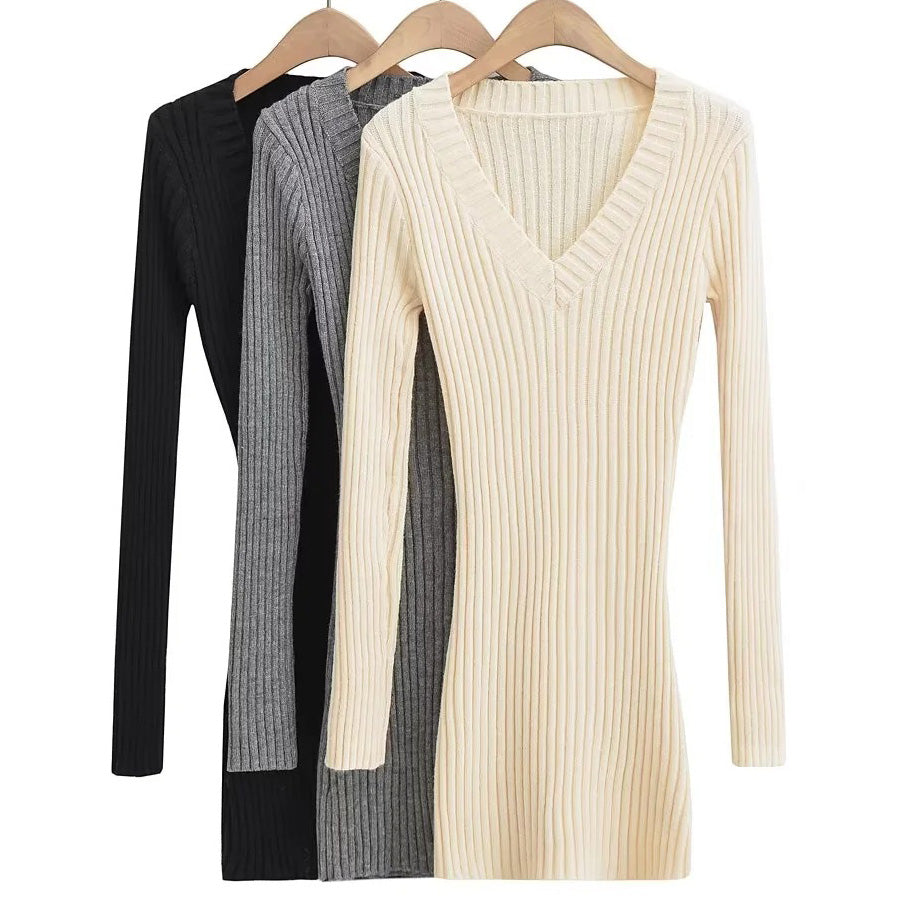 Shoppinggo Tight Dress Mini Length Knit Dress Slim Fit V-Neck Ribbed Women's Long Sleeve Stretch black Slimming Autumn Winter Sweater Sexy Neckline Date Office