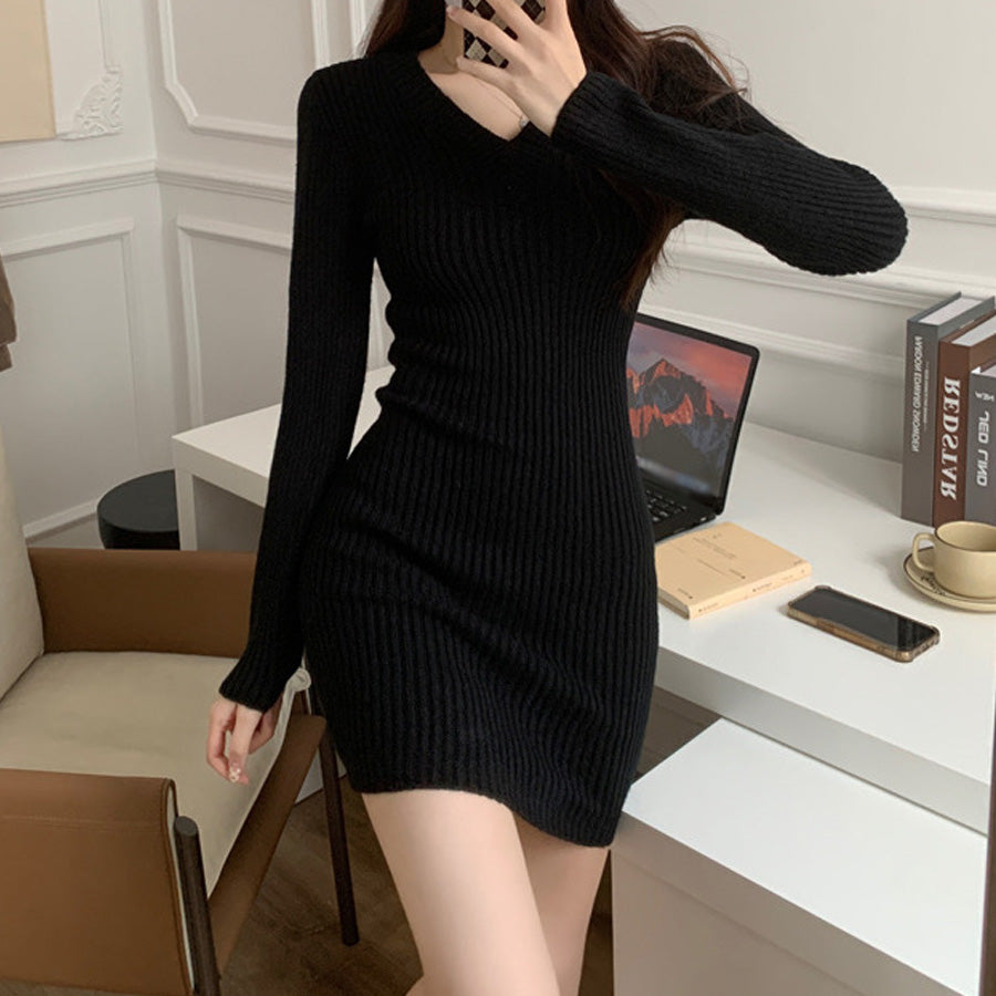 Shoppinggo Tight Dress Mini Length Knit Dress Slim Fit V-Neck Ribbed Women's Long Sleeve Stretch black Slimming Autumn Winter Sweater Sexy Neckline Date Office