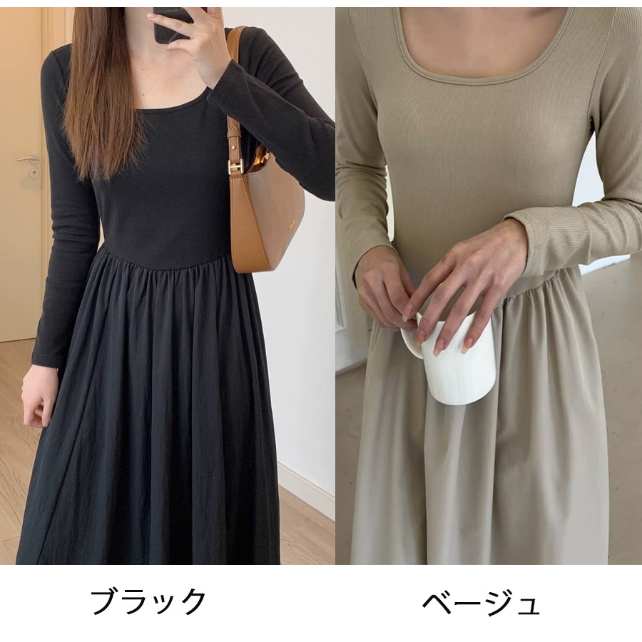 ショッピングゴー shoppinggo ワンピース 切り替えワンピース 長袖 ポケット付き ロングワンピース フレア スクエアネック ドレス ラウンドネック ロング丈 無地 モレ丈 Aライン （ブラック） ブラック