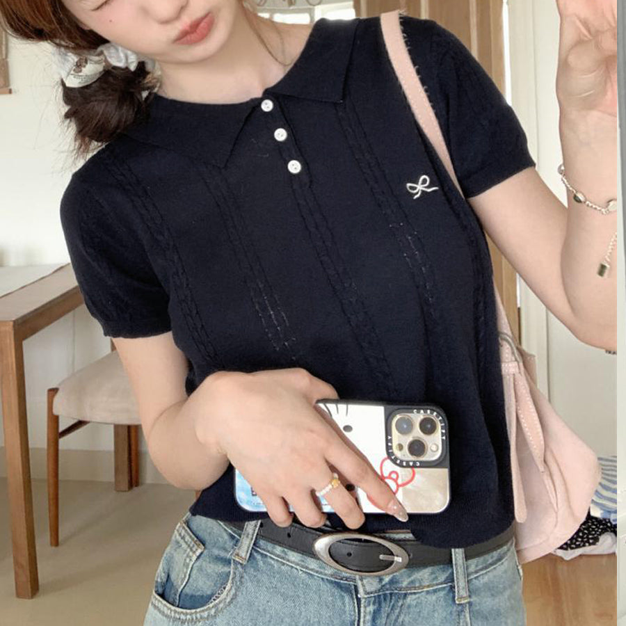 ショッピングゴー shoppinggo ポロニット レディース リブニット サマーニット半袖 トップス 春 夏 プルオーバー 襟付き 無地 シンプル カジュアル オフィス 通勤 トレンド 着回しtシャツ （ブルー） ブルー