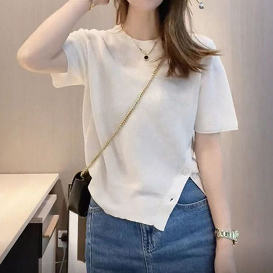 ショッピングゴー shoppinggo 夏服 サイドボタンサマーニット 半袖 レディース 夏ニット 薄い クルーネック デイリー レトロ カットソー カジュアル 大人かわいい おしゃれ （ホワイト） ホワイト