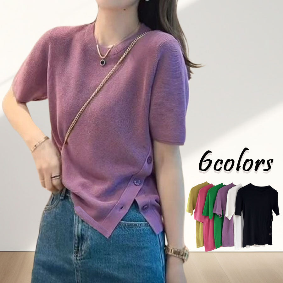 ショッピングゴー shoppinggo 夏服 サイドボタンサマーニット 半袖 レディース 夏ニット 薄い クルーネック デイリー レトロ カットソー カジュアル 大人かわいい おしゃれ （ホワイト） ホワイト