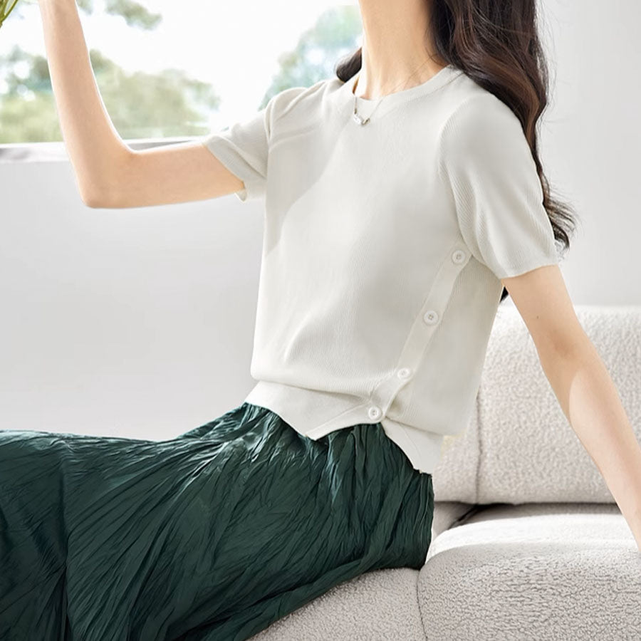 ショッピングゴー shoppinggo 夏服 サイドボタンサマーニット 半袖 レディース 夏ニット 薄い クルーネック デイリー レトロ カットソー カジュアル 大人かわいい おしゃれ （ホワイト） ホワイト