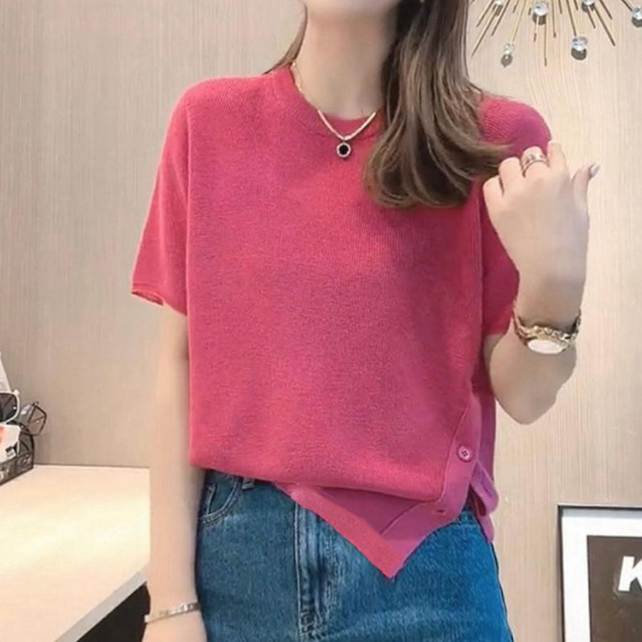 ショッピングゴー shoppinggo 夏服 サイドボタンサマーニット 半袖 レディース 夏ニット 薄い クルーネック デイリー レトロ カットソー カジュアル 大人かわいい おしゃれ （ホットピンク） ホットピンク