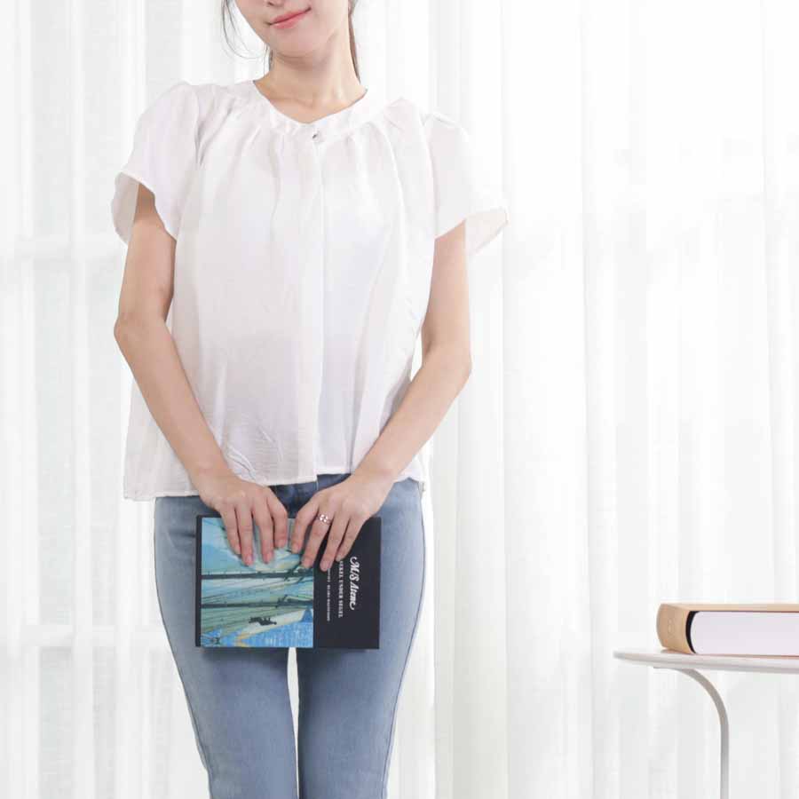 ショッピングゴー shoppinggo レディース トップス シャツ 半袖 フレンチ袖ノーカラーギャザーブラウス 白 前ボタン 隠し前立て シンプル フォーマル 上品 エレガント 軽量 （ライトブルー） ライトブルー