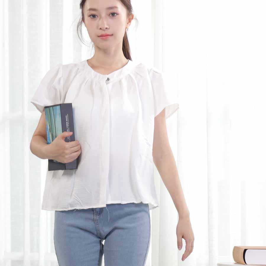 ショッピングゴー shoppinggo レディース トップス シャツ 半袖 フレンチ袖ノーカラーギャザーブラウス 白 前ボタン 隠し前立て シンプル フォーマル 上品 エレガント 軽量 （ライトブルー） ライトブルー