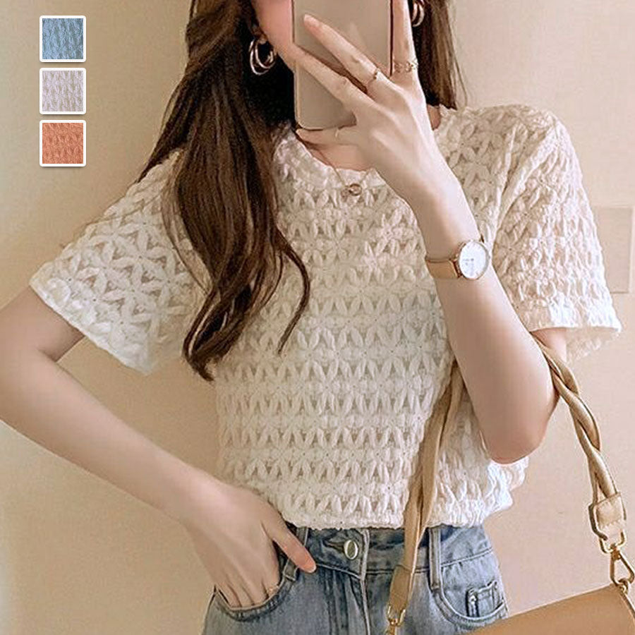 Shoppinggo Blouse Tops White Thin Floral Lace Knit T-Shirt Women's Sho
