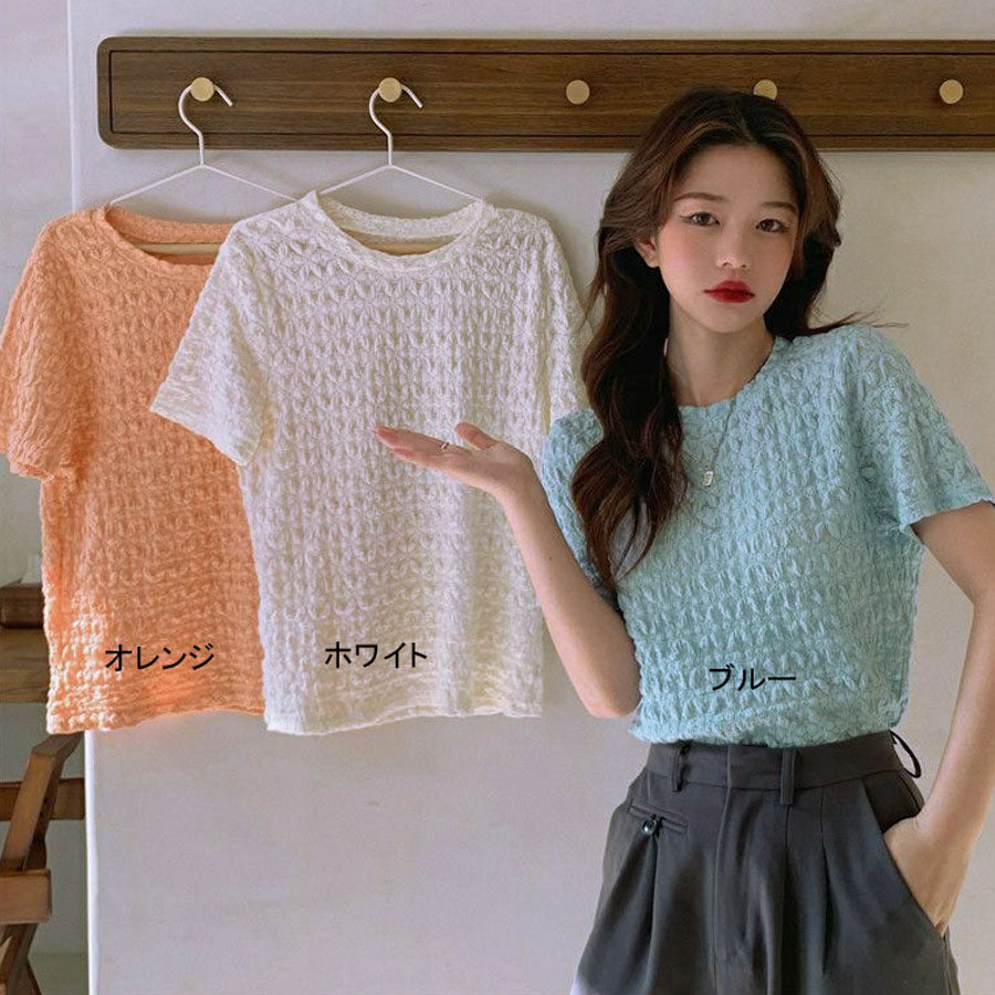 ショッピングゴー shoppinggo ブラウストップス 白 薄手 花柄 透かし編み Tシャツ レディース 半袖トップス 半袖カットソー おしゃれ 通勤 大人可愛い カジュアル （オレンジ） オレンジ