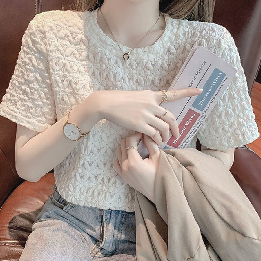 ショッピングゴー shoppinggo ブラウストップス 白 薄手 花柄 透かし編み Tシャツ レディース 半袖トップス 半袖カットソー おしゃれ 通勤 大人可愛い カジュアル （オレンジ） オレンジ