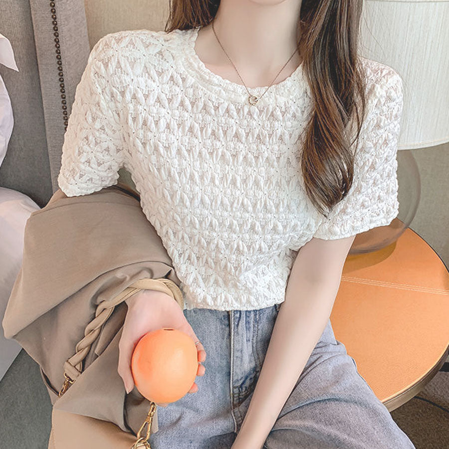 ショッピングゴー shoppinggo ブラウストップス 白 薄手 花柄 透かし編み Tシャツ レディース 半袖トップス 半袖カットソー おしゃれ 通勤 大人可愛い カジュアル （オレンジ） オレンジ