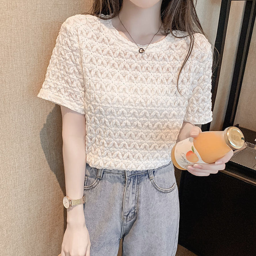 ショッピングゴー shoppinggo ブラウストップス 白 薄手 花柄 透かし編み Tシャツ レディース 半袖トップス 半袖カットソー おしゃれ 通勤 大人可愛い カジュアル （オレンジ） オレンジ