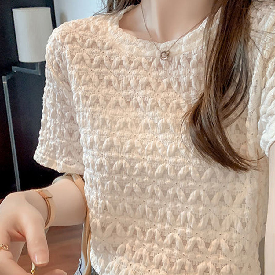 ショッピングゴー shoppinggo ブラウストップス 白 薄手 花柄 透かし編み Tシャツ レディース 半袖トップス 半袖カットソー おしゃれ 通勤 大人可愛い カジュアル （オレンジ） オレンジ