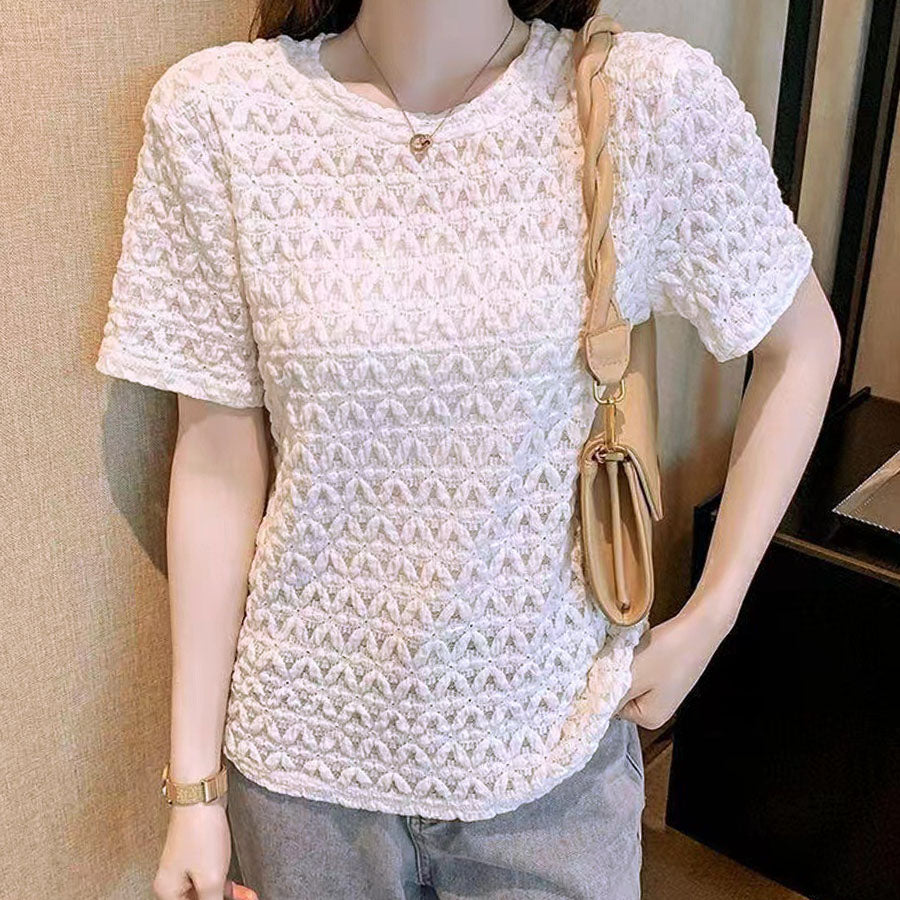 ショッピングゴー shoppinggo ブラウストップス 白 薄手 花柄 透かし編み Tシャツ レディース 半袖トップス 半袖カットソー おしゃれ 通勤 大人可愛い カジュアル （オレンジ） オレンジ