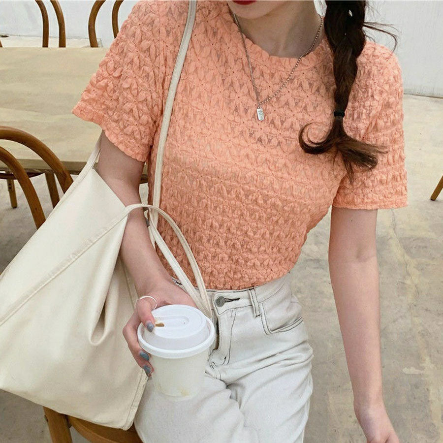 ショッピングゴー shoppinggo ブラウストップス 白 薄手 花柄 透かし編み Tシャツ レディース 半袖トップス 半袖カットソー おしゃれ 通勤 大人可愛い カジュアル （オレンジ） オレンジ