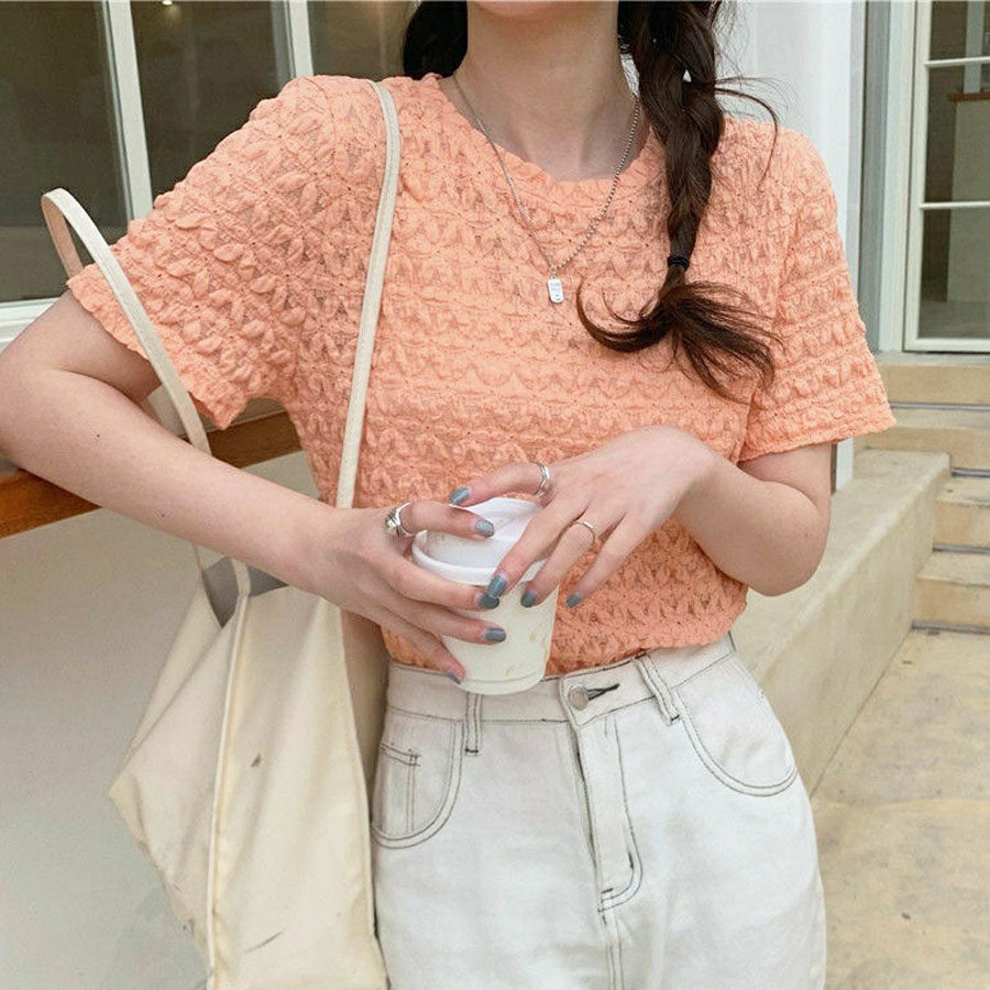 ショッピングゴー shoppinggo ブラウストップス 白 薄手 花柄 透かし編み Tシャツ レディース 半袖トップス 半袖カットソー おしゃれ 通勤 大人可愛い カジュアル （オレンジ） オレンジ