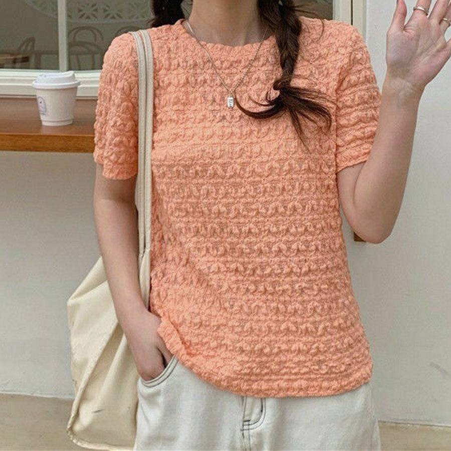 ショッピングゴー shoppinggo ブラウストップス 白 薄手 花柄 透かし編み Tシャツ レディース 半袖トップス 半袖カットソー おしゃれ 通勤 大人可愛い カジュアル （オレンジ） オレンジ