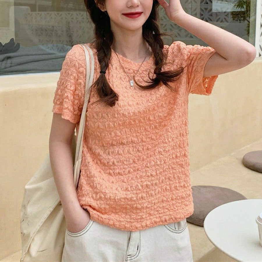 ショッピングゴー shoppinggo ブラウストップス 白 薄手 花柄 透かし編み Tシャツ レディース 半袖トップス 半袖カットソー おしゃれ 通勤 大人可愛い カジュアル （オレンジ） オレンジ