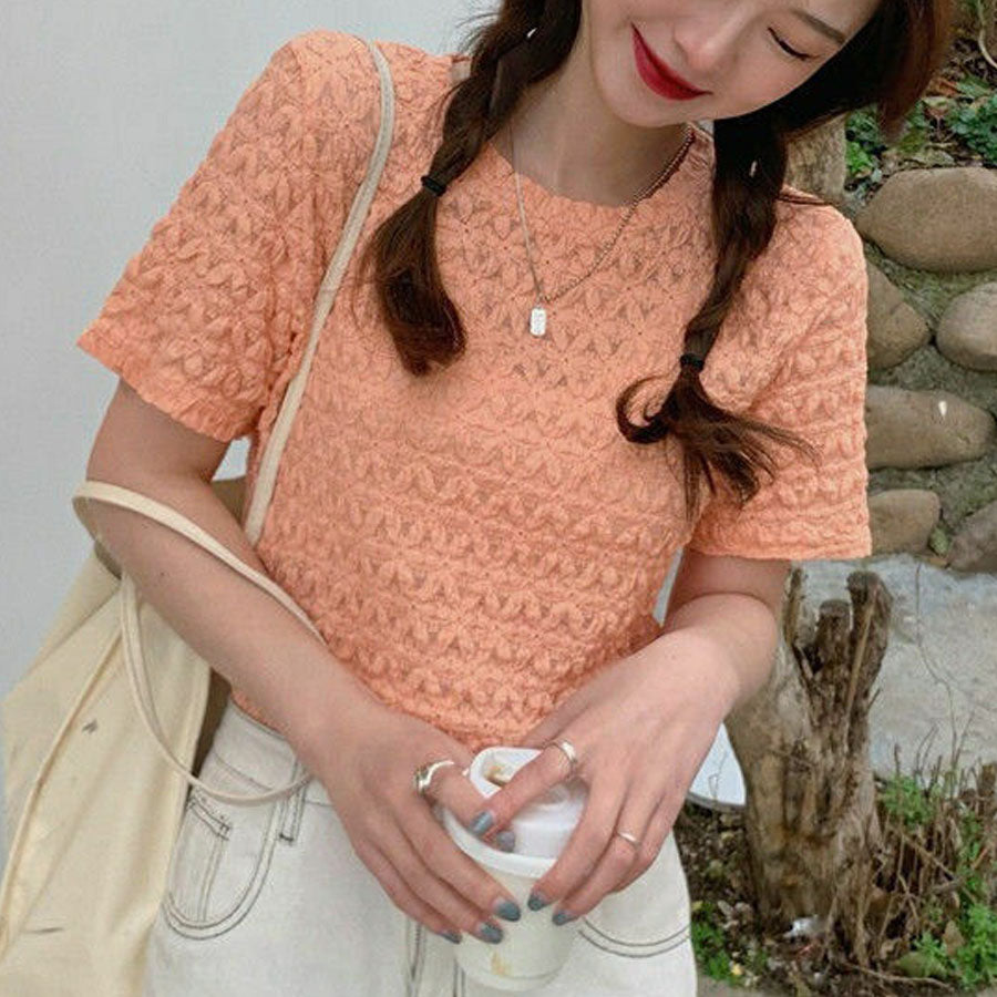 ショッピングゴー shoppinggo ブラウストップス 白 薄手 花柄 透かし編み Tシャツ レディース 半袖トップス 半袖カットソー おしゃれ 通勤 大人可愛い カジュアル （オレンジ） オレンジ