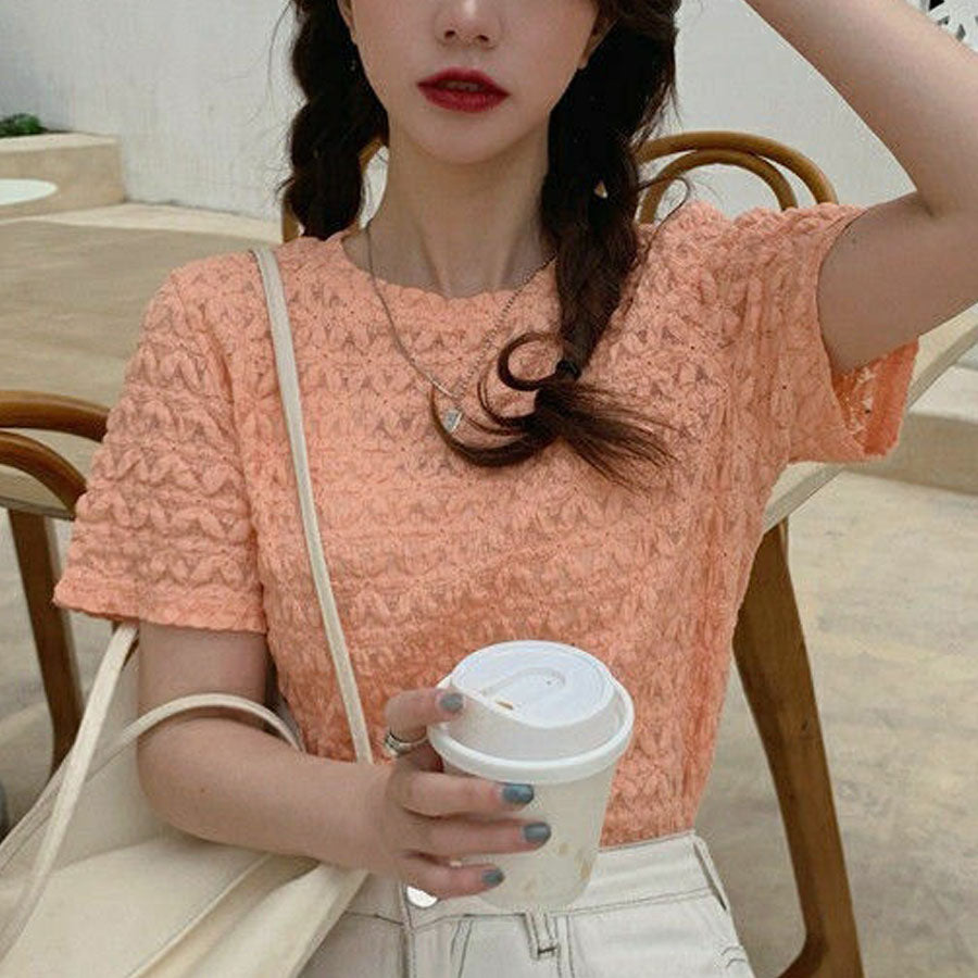 ショッピングゴー shoppinggo ブラウストップス 白 薄手 花柄 透かし編み Tシャツ レディース 半袖トップス 半袖カットソー おしゃれ 通勤 大人可愛い カジュアル （オレンジ） オレンジ