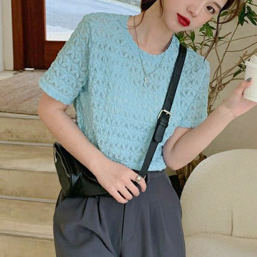 ショッピングゴー shoppinggo ブラウストップス 白 薄手 花柄 透かし編み Tシャツ レディース 半袖トップス 半袖カットソー おしゃれ 通勤 大人可愛い カジュアル （オレンジ） オレンジ