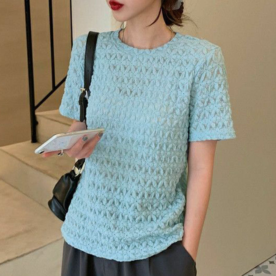 ショッピングゴー shoppinggo ブラウストップス 白 薄手 花柄 透かし編み Tシャツ レディース 半袖トップス 半袖カットソー おしゃれ 通勤 大人可愛い カジュアル （オレンジ） オレンジ